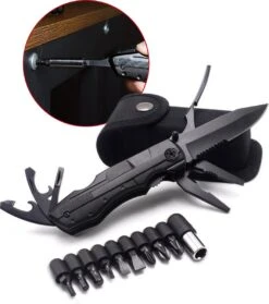 Multitool Zakmes Inclusief Draagetui & 9-Delige Bit Set - Kamperen - Survival Mes - Outdoor Activiteiten - Opvouwbaar Mes - Zwart