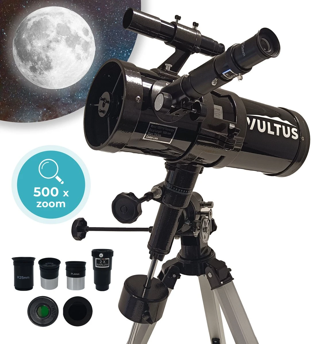 Vultus Telescoop - 500x Vergroting - Sterrenkijker Volwassenen / Gevorderden - Inclusief Statief En Maanfilter - Vultus - 1000114EQ 3 Vultus Telescoop - 500x Vergroting - Sterrenkijker Volwassenen / Gevorderden - Inclusief Statief En Maanfilter - Vultus - 1000114EQ