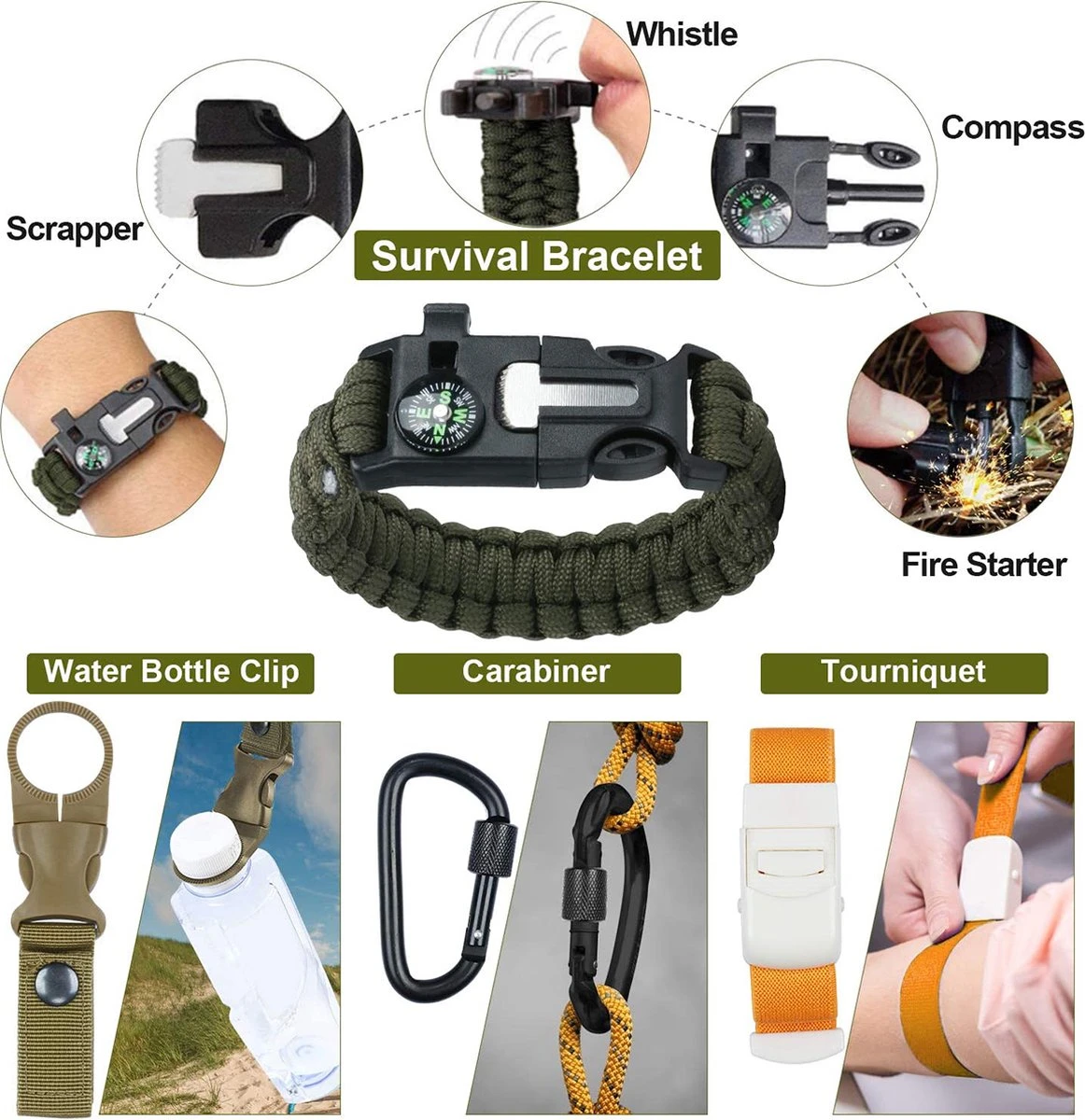 YONO Survival Kit Outdoor - Armband - Zakmes - Zaklamp - Vuurstarter - Kompas En Meer - XL Set 4 YONO Survival Kit Outdoor - Armband - Zakmes - Zaklamp - Vuurstarter - Kompas En Meer - XL Set - Afbeelding 2