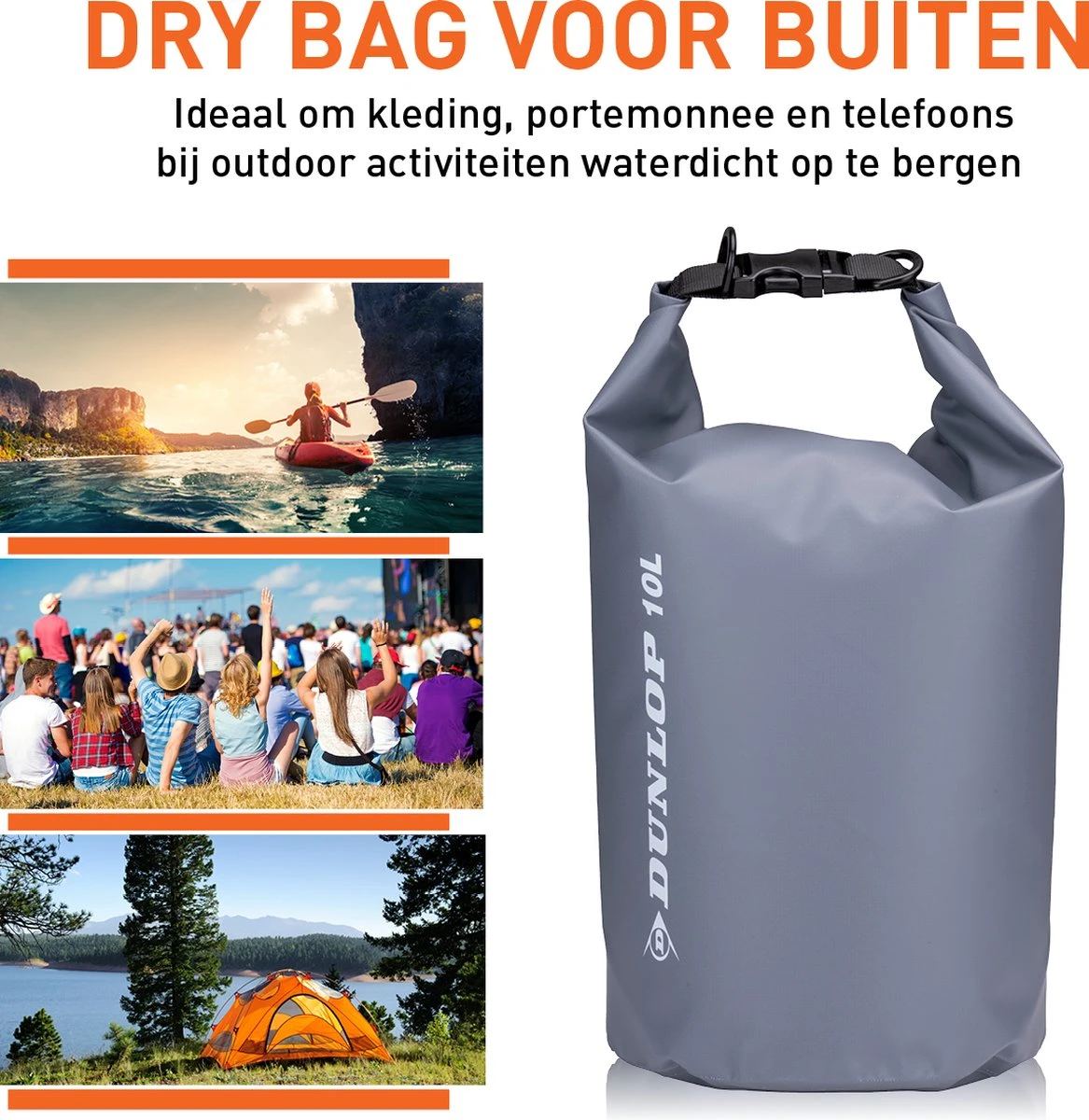 Dunlop Drybag - 10 Liter - Waterdichte Tas - Dry Bag Van Duurzaam PVC - Stof- En Waterdichte Zak - Incl. Verstelbare Schouderband - Unisex - Grijs 6 Dunlop Drybag - 10 Liter - Waterdichte Tas - Dry Bag Van Duurzaam PVC - Stof- En Waterdichte Zak - Incl. Verstelbare Schouderband - Unisex - Grijs - Afbeelding 4