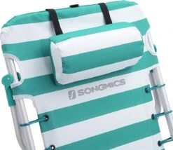 Strandstoel Met Afneembare Hoofdsteun, Draagbare Klapstoel, Campingstoel, Rugleuning Tot 180° Verstelbaar, Met Bekerhouder En Zijvak, Groene En Witte Strepen GCB62JW -Bol 1200x1038