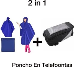 Merkloos 2 IN 1 Poncho En Telefoontas - Luxe Blauw Regenjas-Waterafstotend-Lang Model 135 Cm-Met Koortjes En Ritssluiting-Inclusief Opberg Tas-Geschikt Voor Wandelen, Fietsen, Werk, Hiken En Meer-Regen-Telefoontasje Voor Op De Fiets–Fiets Telefoonhouder–Smart