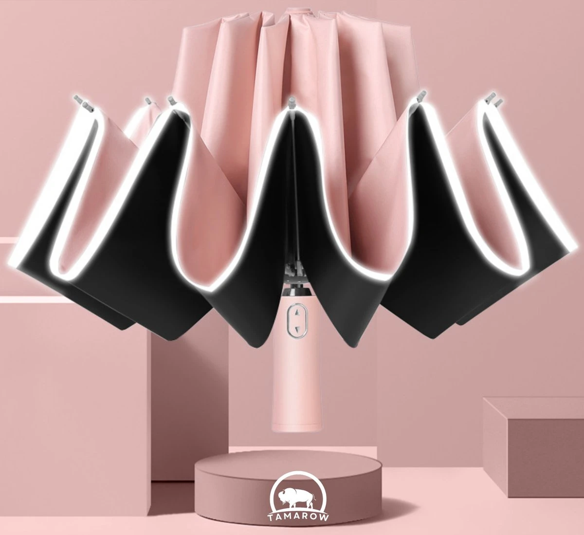 Tamarow™ Automatische Opvouwbare Paraplu - Omgekeerd Design - Windproof - Lichtgewicht - Reflectie - Omgekeerd Design - Roze 5 Tamarow™ Automatische Opvouwbare Paraplu - Omgekeerd Design - Windproof - Lichtgewicht - Reflectie - Omgekeerd Design - Roze - Afbeelding 3