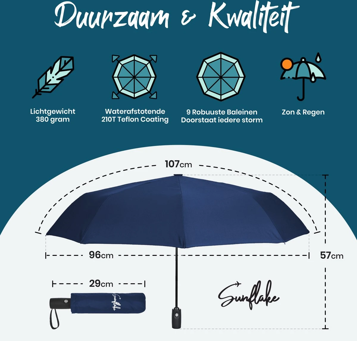 Sunflake Stormparaplu Opvouwbaar - Stormbestendig Tot 140km/u - Automatisch Uitklapbaar - Incl. Beschermhoes En Reisetui - Blauw 4 Sunflake Stormparaplu Opvouwbaar - Stormbestendig Tot 140km/u - Automatisch Uitklapbaar - Incl. Beschermhoes En Reisetui - Blauw - Afbeelding 2