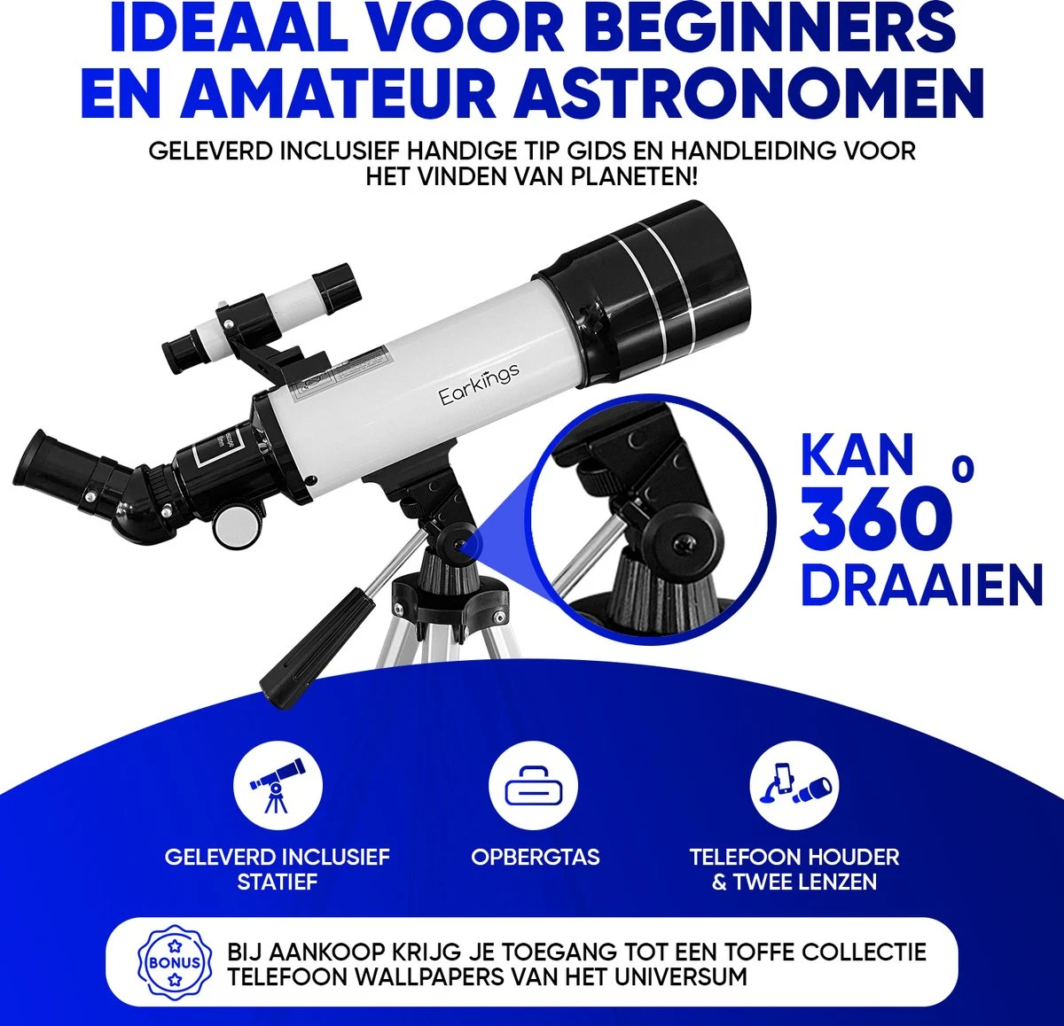 Earkings Telescoop Sterrenkijker 70/400 Mm Voor Kinderen, Beginners En Gevorderden - Inclusief Statief, Opbergtas, Twee Lenzen 25mm & 10mm En Barlow Lens, Telefoon Houder Voor Foto’s - F/5.7 Magnificatie 6 Earkings Telescoop Sterrenkijker 70/400 Mm Voor Kinderen, Beginners En Gevorderden - Inclusief Statief, Opbergtas, Twee Lenzen 25mm & 10mm En Barlow Lens, Telefoon Houder Voor Foto’s - F/5.7 Magnificatie - Afbeelding 4