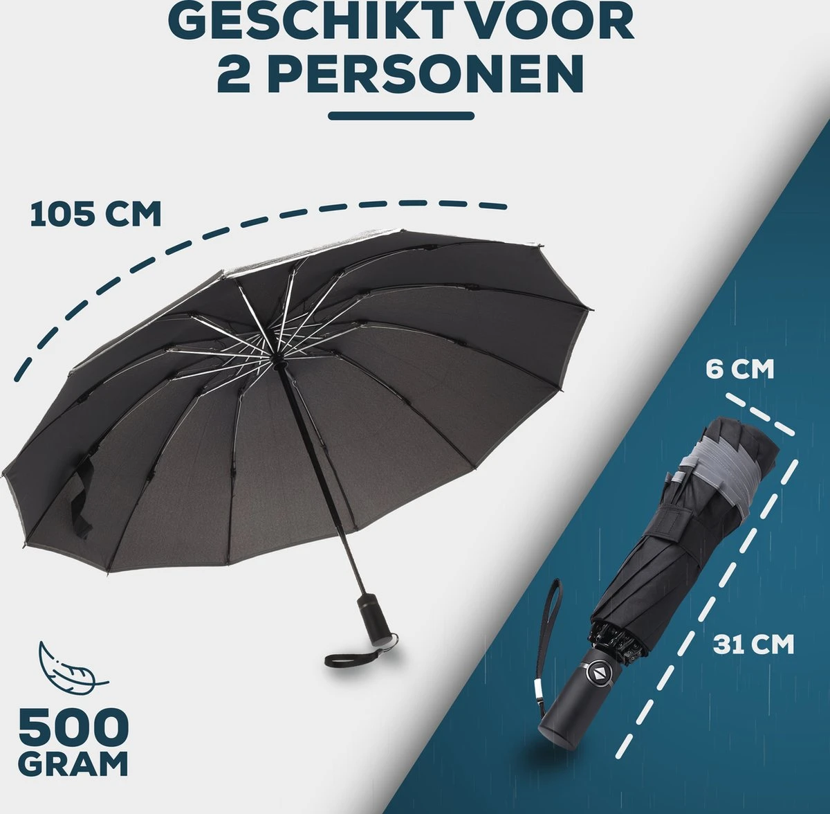 Stormparaplu - Opvouwbaar - 105 CM - Paraplu - Automatisch In En Uit Klapbaar - Stormbestendig Tot 140 Km/h - Luxe Beschermhoes 8 Stormparaplu - Opvouwbaar - 105 CM - Paraplu - Automatisch In En Uit Klapbaar - Stormbestendig Tot 140 Km/h - Luxe Beschermhoes - Afbeelding 6