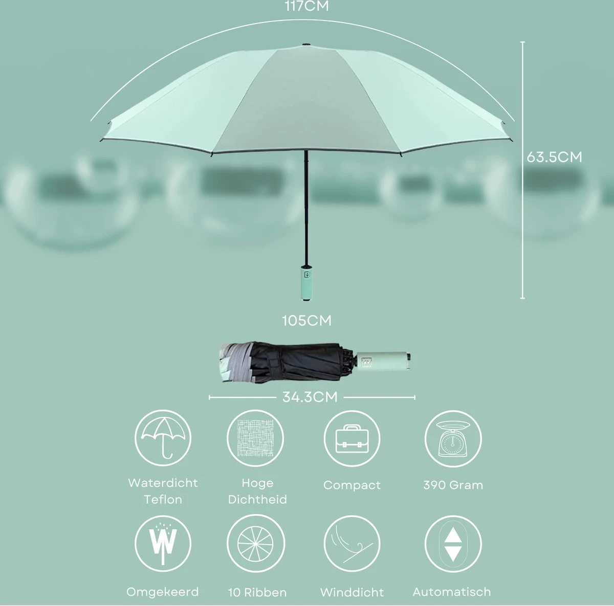 Tamarow™ Automatische Opvouwbare Paraplu - Omgekeerd Design - Windproof - Lichtgewicht - Reflectie - Omgekeerd Design - Licht Groen 4 Tamarow™ Automatische Opvouwbare Paraplu - Omgekeerd Design - Windproof - Lichtgewicht - Reflectie - Omgekeerd Design - Licht Groen - Afbeelding 2