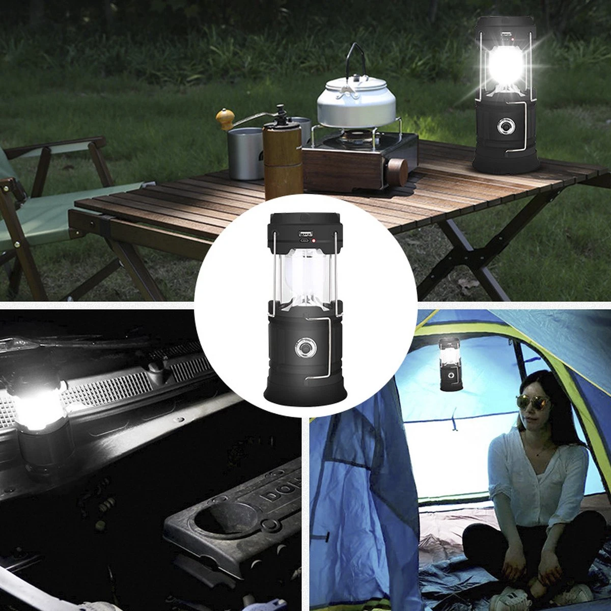 Merkloos Xtraworks - Multifunctionele Solar LED Campinglamp Met Handvatten - IPX 45 Waarde, USB-lader En Powerbank - Mat Zwart 5 Merkloos Xtraworks - Multifunctionele Solar LED Campinglamp Met Handvatten - IPX 45 Waarde, USB-lader En Powerbank - Mat Zwart - Afbeelding 3