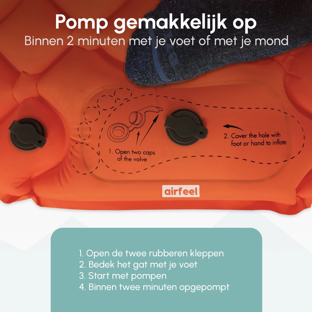 AirFeel Lichtgewicht Opsblaasbaar Slaapmatje - Ingebouwde Pomp En Kussen - 196 X 60 X 6 Cm - Orange 4 AirFeel Lichtgewicht Opsblaasbaar Slaapmatje - Ingebouwde Pomp En Kussen - 196 X 60 X 6 Cm - Orange - Afbeelding 2