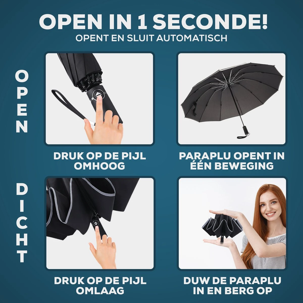 Stormparaplu - Opvouwbaar - 105 CM - Paraplu - Automatisch In En Uit Klapbaar - Stormbestendig Tot 140 Km/h - Luxe Beschermhoes 9 Stormparaplu - Opvouwbaar - 105 CM - Paraplu - Automatisch In En Uit Klapbaar - Stormbestendig Tot 140 Km/h - Luxe Beschermhoes - Afbeelding 7