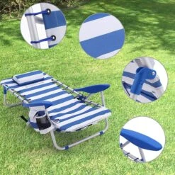 Naqsh Store Strandstoel Met Hoofdkussen, Aluminium, Draagbare Vouwstoel, Campingstoel, Opvouwbaar En Verstelbaar, Zoals Een Rugzak Draagbaar, Buitenstoel, Blauw En Wit Gestreept GCB62BU -Bol 1200x1200 379