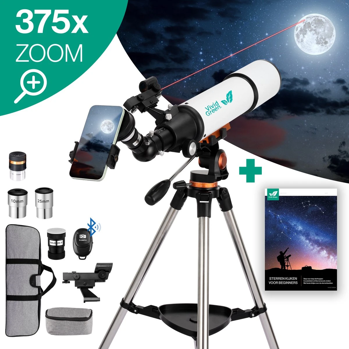 Vivid Green Telescoop Complete Set - 375x Zoom - Sterrenkijker - Geschikt Voor Kinderen En Volwassenen - Wit 3 Vivid Green Telescoop Complete Set - 375x Zoom - Sterrenkijker - Geschikt Voor Kinderen En Volwassenen - Wit