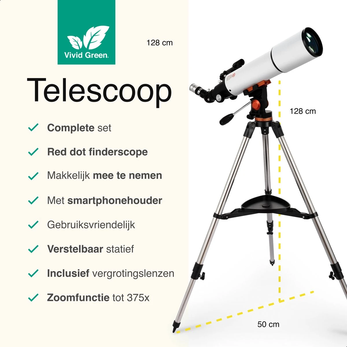 Vivid Green Telescoop Complete Set - 375x Zoom - Sterrenkijker - Geschikt Voor Kinderen En Volwassenen - Wit 4 Vivid Green Telescoop Complete Set - 375x Zoom - Sterrenkijker - Geschikt Voor Kinderen En Volwassenen - Wit - Afbeelding 2