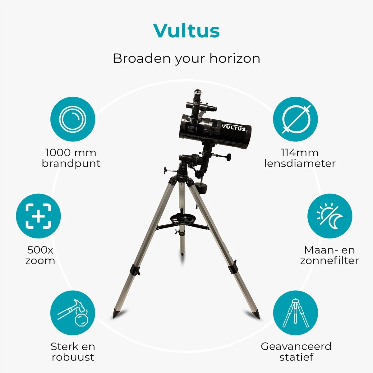 Vultus Telescoop - 500x Vergroting - Sterrenkijker Volwassenen / Gevorderden - Inclusief Statief En Maanfilter - Vultus - 1000114EQ 4 Vultus Telescoop - 500x Vergroting - Sterrenkijker Volwassenen / Gevorderden - Inclusief Statief En Maanfilter - Vultus - 1000114EQ - Afbeelding 2