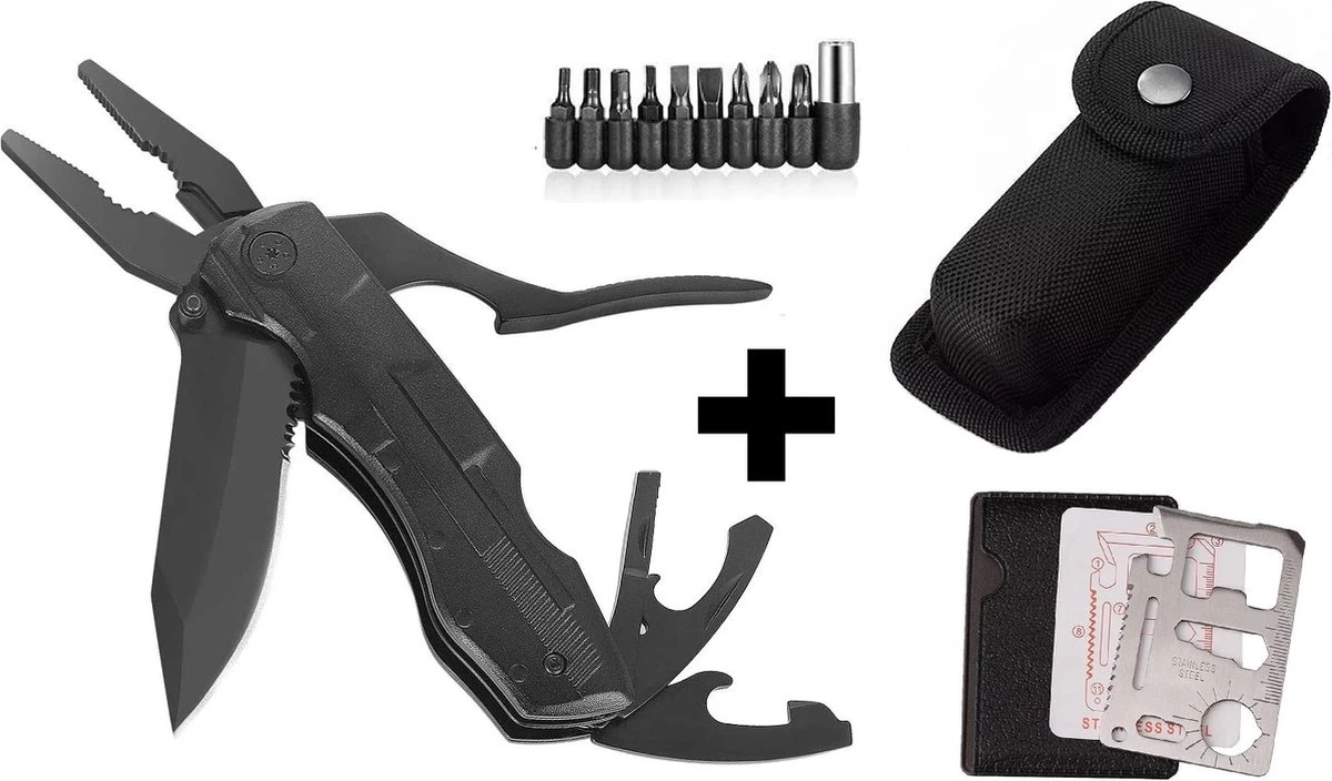 PLAY IT Zakmes Multitool 14 In 1 Incl. Draagetui & 9 Delige Bit Set - 11 In 1 Multikaart - Zwart 3 PLAY IT Zakmes Multitool 14 In 1 Incl. Draagetui & 9 Delige Bit Set - 11 In 1 Multikaart - Zwart