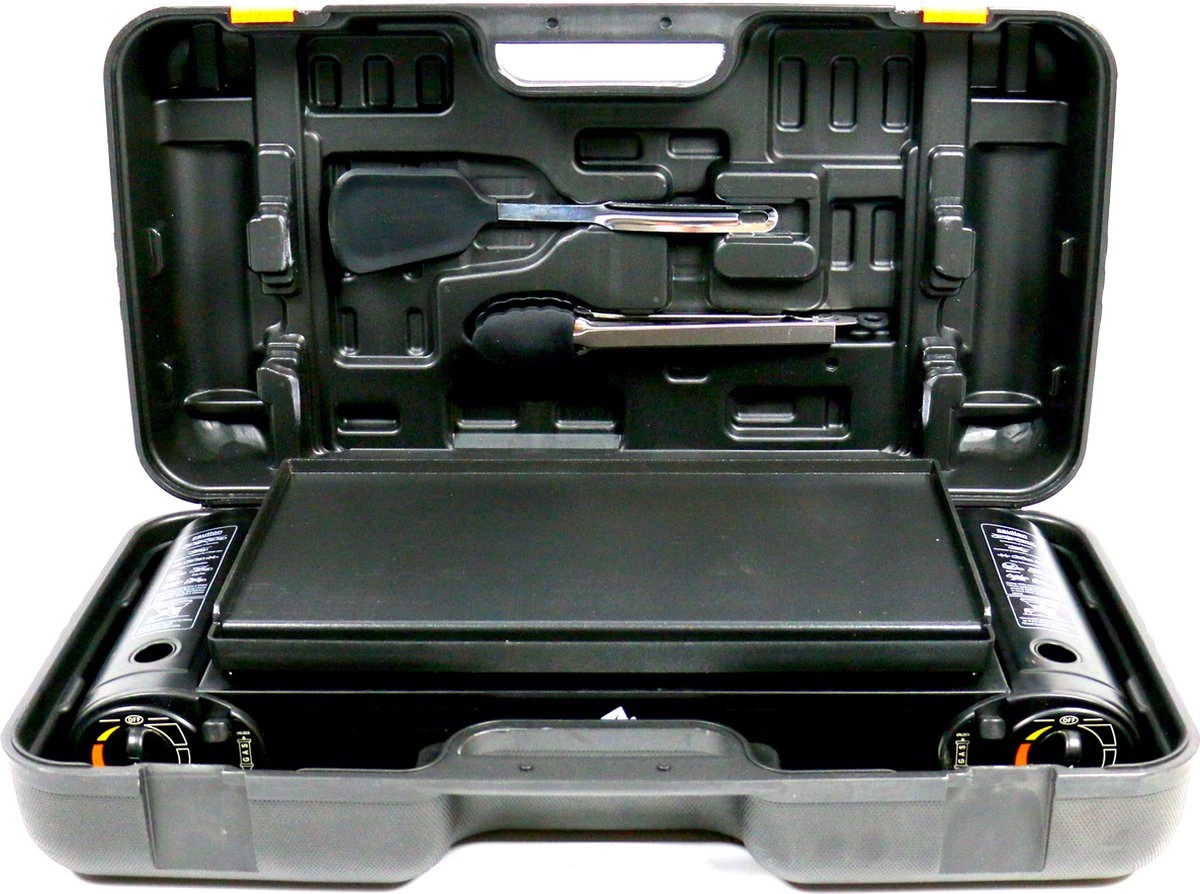 T&S - Draagbaar Dubbel Gasvuur Met Grillplaat En Transportkist - Camping Kooktoestel - Kookstel - Bakplaat - Gasfornuis - 2 Pits - Elektrische Ontsteking - Kookvuur - Kampeer Vuur 4 T&S - Draagbaar Dubbel Gasvuur Met Grillplaat En Transportkist - Camping Kooktoestel - Kookstel - Bakplaat - Gasfornuis - 2 Pits - Elektrische Ontsteking - Kookvuur - Kampeer Vuur - Afbeelding 2