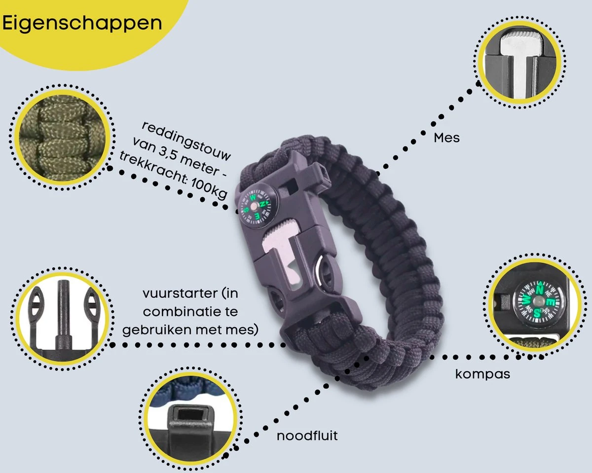 Merkloos Paracord Bracelet Armband 5 In 1 Outdoor Survival - Magnesium Stick, Kompas, Paracord 6 Merkloos Paracord Bracelet Armband 5 In 1 Outdoor Survival - Magnesium Stick, Kompas, Paracord - Afbeelding 4