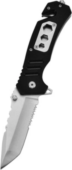 Sefaras Survival Zakmes J03 - Mes Met Tanden - 3cr13/Aluminum - Met 3 Inbus Gaten - Inklapbaar - Broekclip - Voor Kamperen - RVS - Zwart/Wit