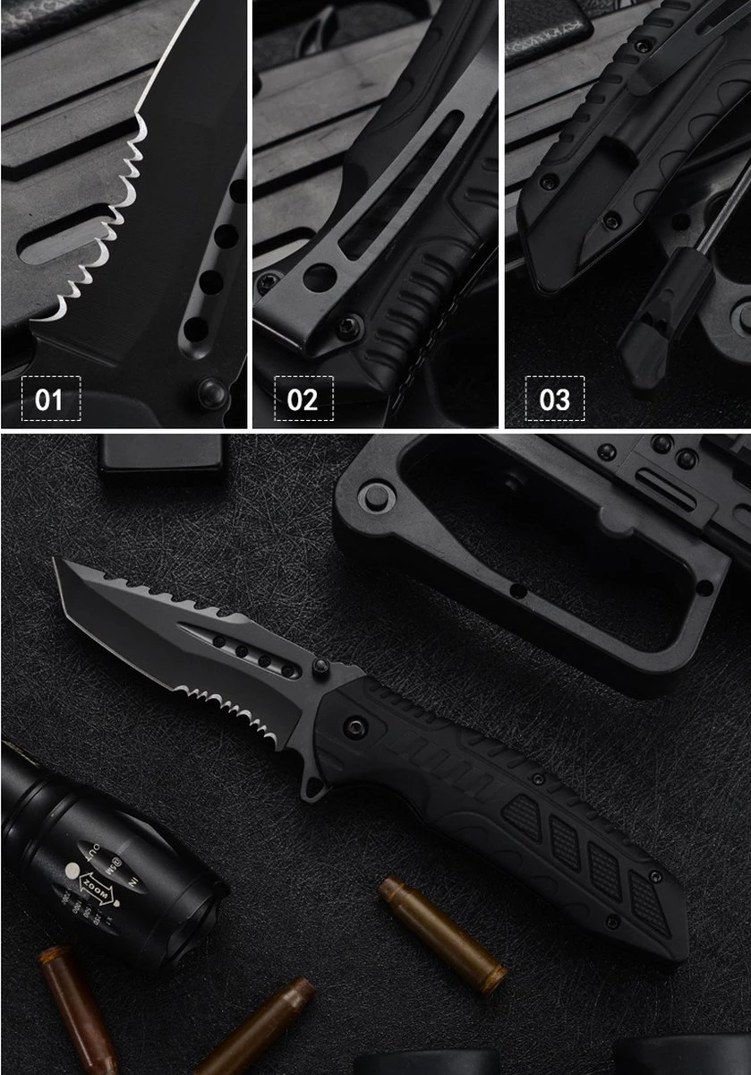Sefaras Survival Zakmes J01 - Mes Met Tanden Aan 2 Kanten - 3cr13/Aluminum - Inklapbaar - Broekclip - Voor Kamperen - RVS - Zwart 4 Sefaras Survival Zakmes J01 - Mes Met Tanden Aan 2 Kanten - 3cr13/Aluminum - Inklapbaar - Broekclip - Voor Kamperen - RVS - Zwart - Afbeelding 2