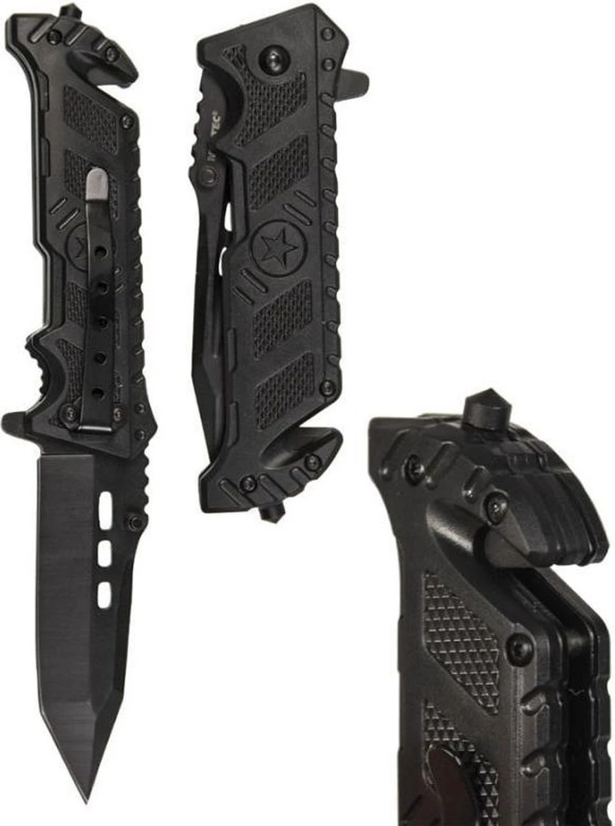 ONE HAND KNIVE / ZWART MES MET LIFE GLASBRAKER HAMMER 4 ONE HAND KNIVE / ZWART MES MET LIFE GLASBRAKER HAMMER - Afbeelding 2