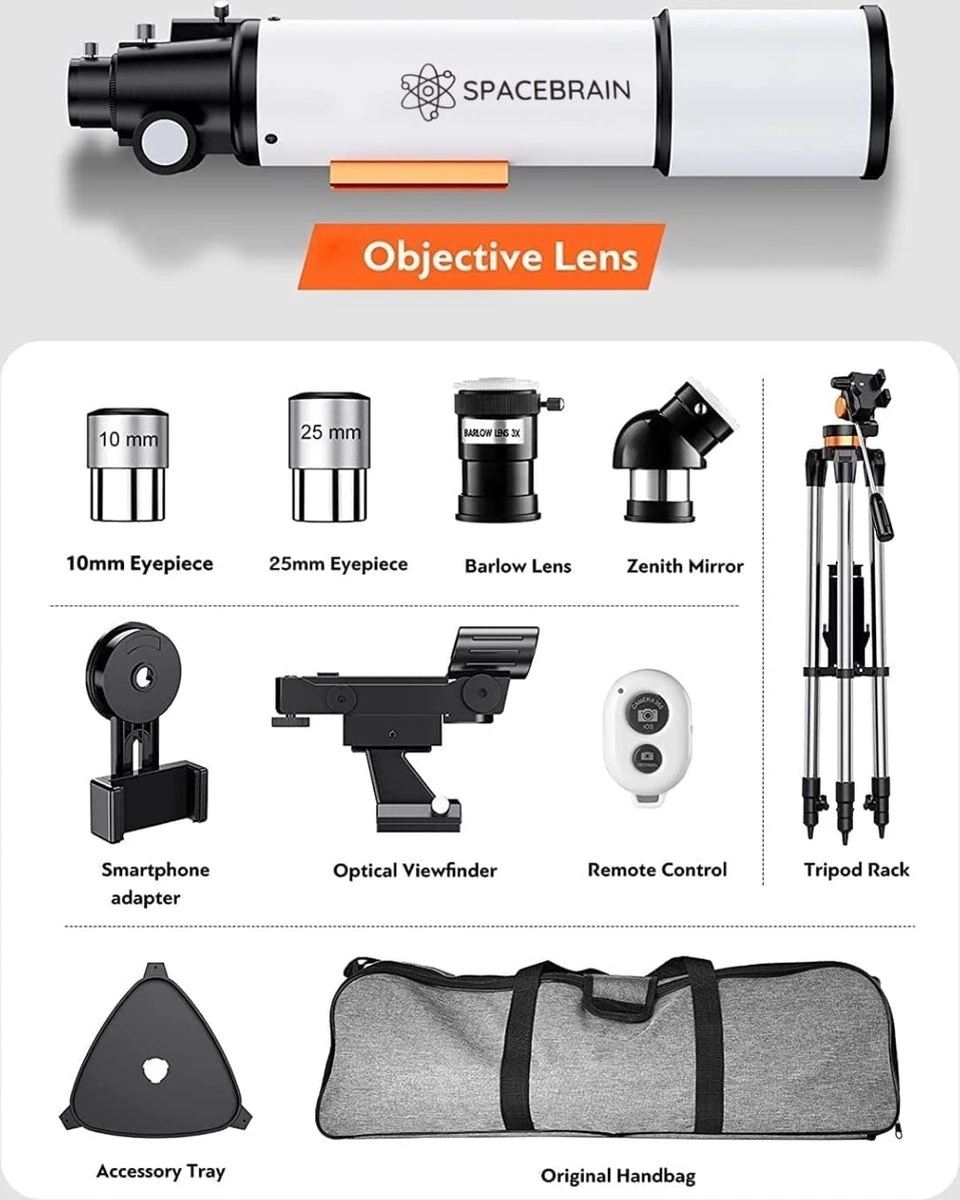 SPACEBRAIN® - 80/500 - Telescoop Voor Volwassenen - 80 Mm Opening En 500 Mm Brandpuntsafstand -professionele Astronomie-refractortelescoop Voor Kinderen En Beginners - Met AZ-montage - 3 Oculairs En Smartphone-adapter. 8 SPACEBRAIN® - 80/500 - Telescoop Voor Volwassenen - 80 Mm Opening En 500 Mm Brandpuntsafstand -professionele Astronomie-refractortelescoop Voor Kinderen En Beginners - Met AZ-montage - 3 Oculairs En Smartphone-adapter. - Afbeelding 6